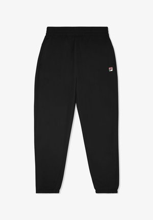 Pantalones deportivos negros con cintura elástica, piernas ajustadas y un pequeño parche de logotipo en rojo, blanco y azul en el lado izquierdo.