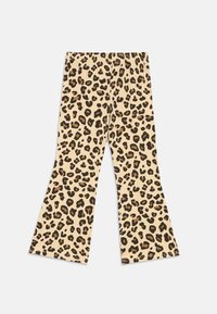 Calças bege com padrão de pele de Leopardo preto e castanho, com cintura elástica e pernas ligeiramente largas, dispostas em plano sobre fundo branco.