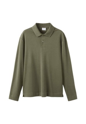 Polo majica z dolgimi rokavi v olivno zeleni barvi, izdelana iz mehke bombažne tkanine. Ima klasičen ovratnik, plisiran zapenjanje z dvema gumboma in stranske zareze za udobje.