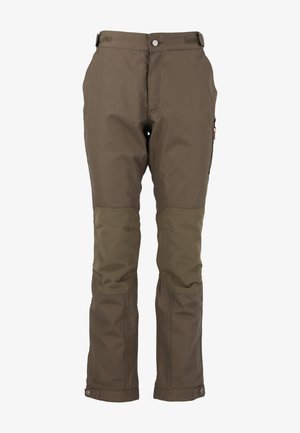 Pantalons bruns d'extérieur avec genoux renforcés, poches latérales zippées et poignets ajustables. Fabriqués à partir d'un matériau durable et résistant aux intempéries.