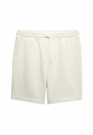 Shorts en coton couleur crème avec taille élastique et cordon de serrage, dotés de poches latérales et d'un ourlet droit.