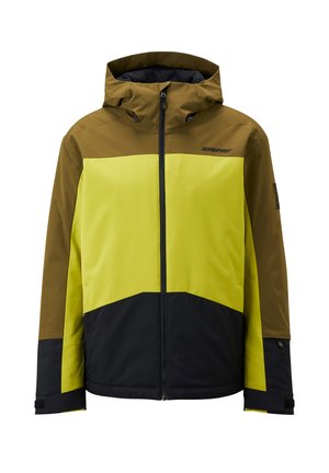 Yellow, brown, and black jacket with a zip closure, hood, and color-block design. Features adjustable cuffs and logo detail on the chest.