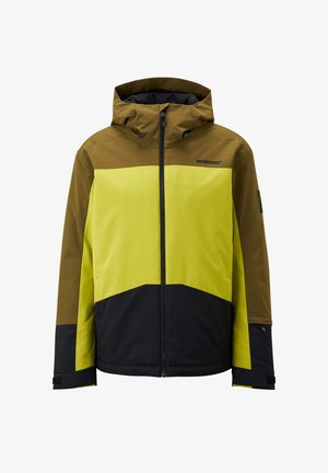 Yellow, brown, and black jacket with a zip closure, hood, and color-block design. Features adjustable cuffs and logo detail on the chest.