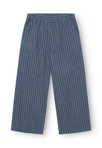 Pantaloni a gamba larga a righe blu con cintura elastica, dotati di tasche laterali e una consistenza liscia. Progettati per un fit rilassato.