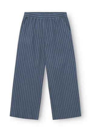 Pantalones de pierna ancha a rayas azules con cinturilla elástica, que cuentan con bolsillos laterales y una textura suave. Diseñados para un ajuste relajado.