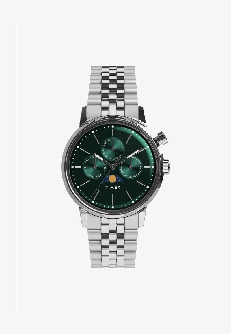 Silberner Edelstahluhren mit grünem Zifferblatt, drei Nebenskalen und Anzeige für das Datum. Ausgestattet mit einem strukturierten Gliederarmband. Marke: Timex.