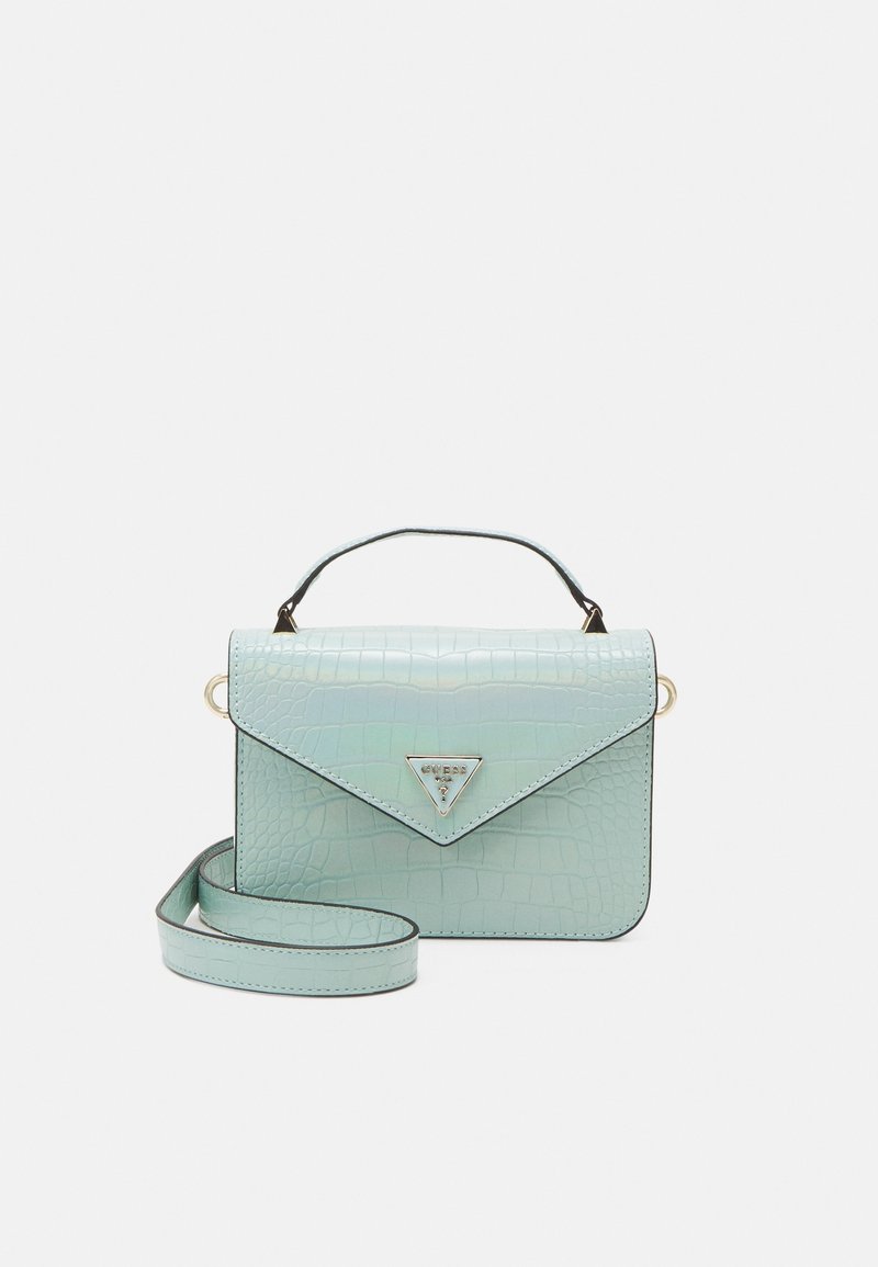 Light blue faux crocodile leather handbag with top handle, flap closure, triangular metal logo plaque, and matching shoulder strap.