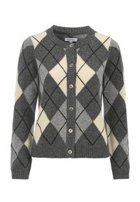 Harmaa argyle-neuletakki, jossa kerma- ja tummemman harmaan sävyisiä rombeja. Siinä on pyöreä pääntie, napitus ja resorireuna. Valmistettu pehmeästä, teksturoidusta neuleesta.