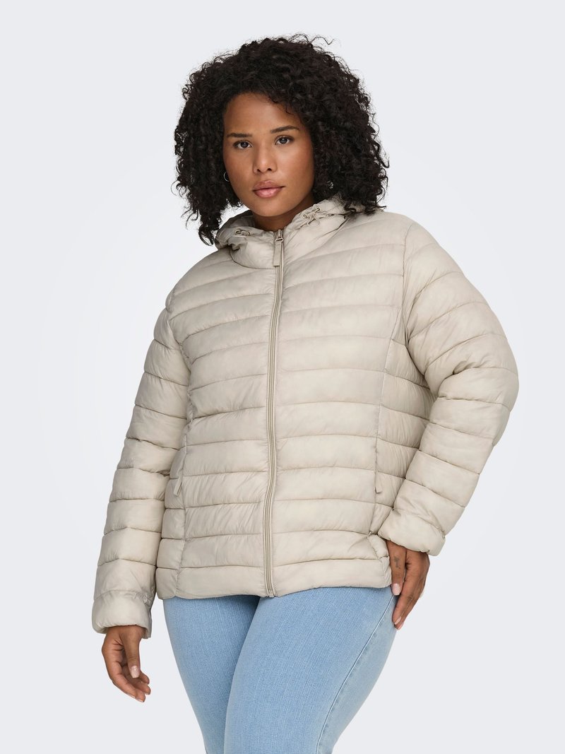 Light beige puffer jacket with horizontal quilting, a zip front, and a hood. Features elastic cuffs and side pockets. Soft texture.