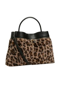 Borsa con stampa leopardata marrone e nera, rifinita in pelle nera, manico superiore curvo, zip anteriore dorata con catenella e tracolla.