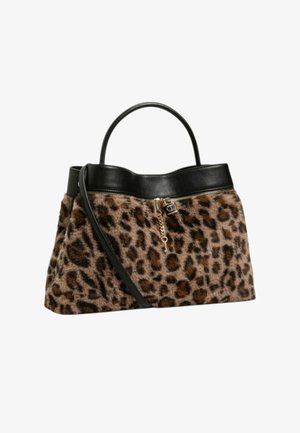 Borsa con stampa leopardata marrone e nera, rifinita in pelle nera, manico superiore curvo, zip anteriore dorata con catenella e tracolla.