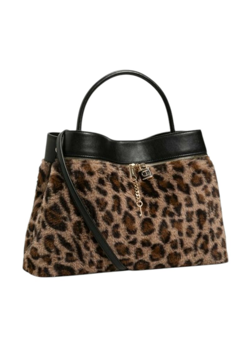 Borsa con stampa leopardata marrone e nera, rifinita in pelle nera, manico superiore curvo, zip anteriore dorata con catenella e tracolla.