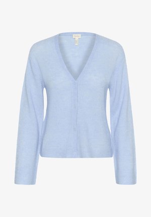 Cardigan tricotat de culoare bleu deschis, cu decolteu în V, mâneci lungi și închidere cu nasturi. Textură moale și tiv cu dungi, cu o croială ușor cropped.