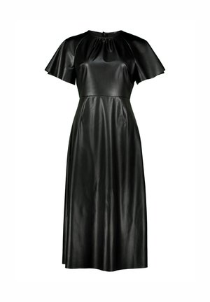 Schwarzes Leder-Midi-Kleid mit tailliertem Oberteil, weit ausgestellten kurzen Ärmeln, gerafftem Kragen und glatter Textur. Mit einem Reißverschluss auf der Rückseite.