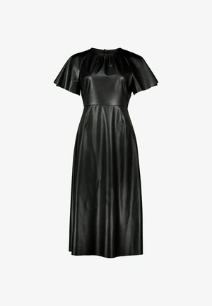 Fekete bőr midi ruha, illeszkedő felső résszel, széles, rövid ujjakkal, gyűrött nyakkivágással és sima felülettel. Hátul cipzárral záródik.