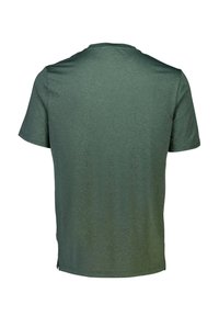 T-shirt verde a maniche corte, tessuto testurizzato con collo rotondo classico, orlo piatto e motivo tonale sottile. Vista posteriore.