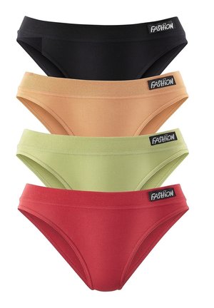 Four pairs of women's bikini-style underwear: black, light peach, green, and red. Made of smooth fabric with a logo waistband detail.
