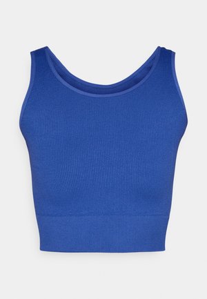 Blue ribbed crop tank top with a round neckline, wide shoulder straps, and a clean finish at the hem. Smooth texture with slight stretch.