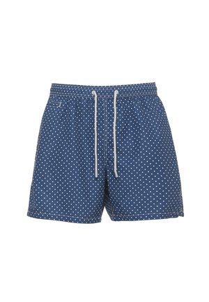 Pantaloncini da nuoto blu con pois bianchi, coulisse bianca in vita elasticizzata e una piccola tasca laterale a sinistra.