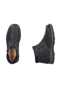 Schwarze Lederstiefeletten mit strukturierter Oberfläche, kontrastierenden Nähten, einem seitlichen Reißverschluss und einer Gummisohle.