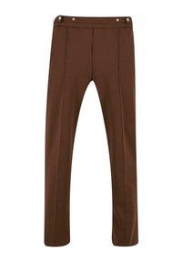 Brown, straight-leg pants made from a smooth fabric, featuring a wide elastic waistband with two decorative buttons and front pleats.