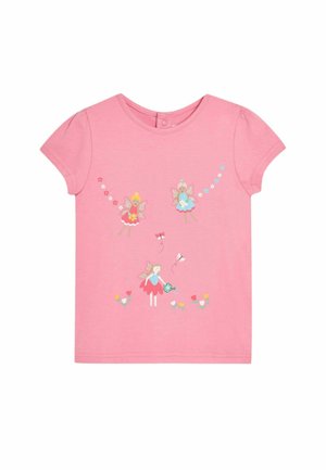 Roze katoenen t-shirt met korte mouwen, versierd met drie fee illustraties, bloemen en accentkleuren van geel, blauw en groen.
