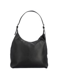Sac hobo en cuir noir avec une surface texturée, une seule sangle ajustable et une forme arrondie ; possède une fermeture éclair.