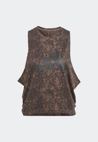 Top atlético marrón sin mangas con un patrón de piel de serpiente, que cuenta con un gran logo negro en la parte delantera y un diseño de corte holgado.