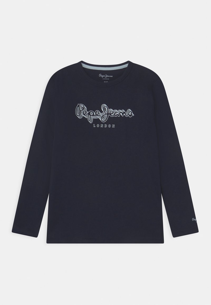 Long-sleeve navy t-shirt made of cotton, featuring a white embroidered "Pepe Jeans London" logo in a stylized font across the chest.