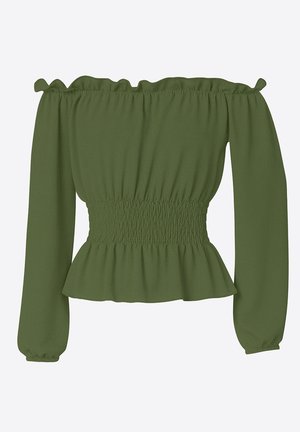 Grüne schulterfreie Bluse aus leichtem Stoff. Mit gerafften Details an der Taille und langen Ärmeln mit elastischen Bündchen.