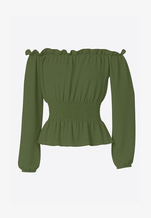 Grüne schulterfreie Bluse aus leichtem Stoff. Mit gerafften Details an der Taille und langen Ärmeln mit elastischen Bündchen.