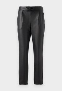 Pantaloni in pelle nera con una texture liscia, dotati di vita con cordoncino, pieghe frontali e un design a taglio aderente.