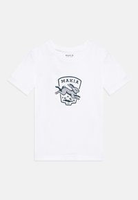 T-shirt en coton blanc avec un graphique bleu marine représentant un lapin en train de sauter et le texte « MAKIA » en forme d'emblème sur la poitrine. Encolure ronde.