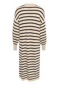 Abito beige a maniche lunghe con strisce orizzontali nere, texture in maglia, vestibilità rilassata e maniche arricciate.