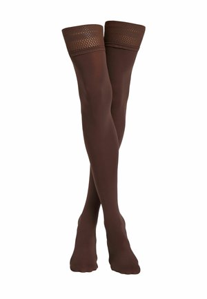 Bas résille marron jusqu'à la cuisse avec une bande en dentelle texturée en haut, en matériau lisse et jambes transparentes, présentant une finition semi-mate.