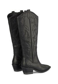 Schwarze Leder-Cowboy-Stiefel mit spitzen Zehen, dekorativen Stickmustern und einem niedrigen, gestapelten Absatz. Glatte Textur und hohes Design.