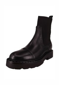 Czarny skórzany botek za kostkę z elastycznymi panelami po bokach, zaokrąglonym noskiem, teksturowaną podeszwą i ozdobnym przeszyciem wzdłuż krawędzi.