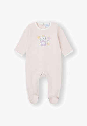 Pijama para bebé de color rosa claro con un gráfico de un gato, texto "pequeños tesoros", mangas largas, cierre de broches y piernas con pies con detalles de purpurina.