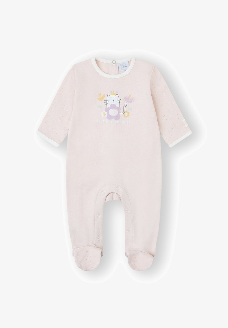 Pijama para bebé de color rosa claro con un gráfico de un gato, texto "pequeños tesoros", mangas largas, cierre de broches y piernas con pies con detalles de purpurina.