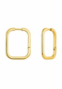 Pendientes de metal en tono dorado con un gran aro rectangular y un aro ovalado más pequeño, ambos con un acabado liso y pulido.