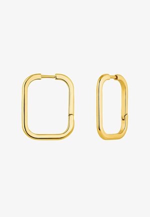 Pendientes de metal en tono dorado con un gran aro rectangular y un aro ovalado más pequeño, ambos con un acabado liso y pulido.