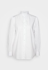 Camicia bianca button-up in cotone, con colletto arricciato e maniche lunghe gonfiate, orlo dritto e bottoni bianchi.