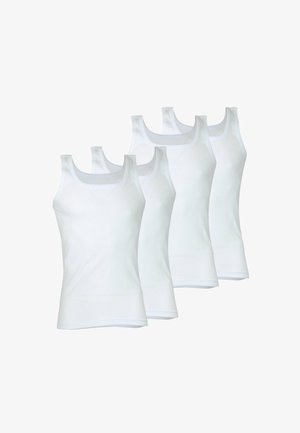 Quatre débardeurs en coton blanc présentant un design classique, une coupe sans manches et une texture douce avec un col rond et une légère élasticité.