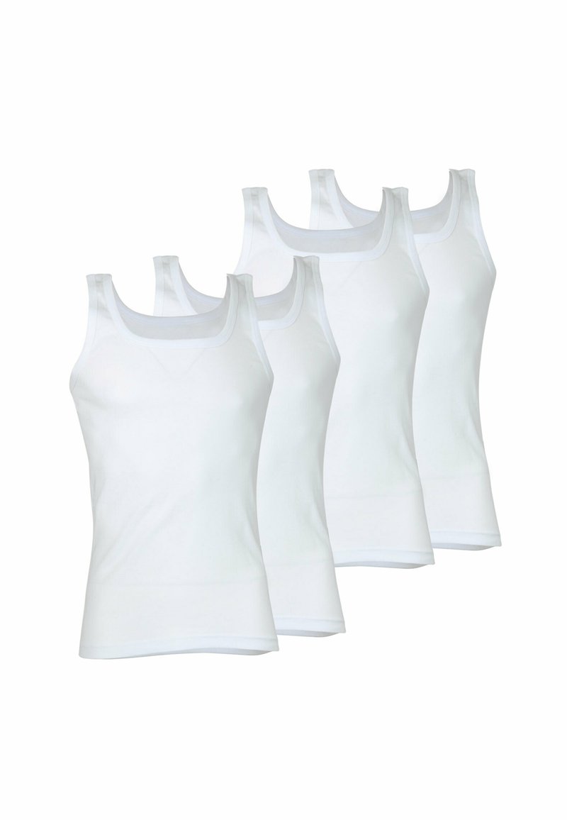 Quatre débardeurs en coton blanc présentant un design classique, une coupe sans manches et une texture douce avec un col rond et une légère élasticité.