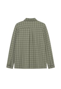 Langsleeveshirt in olijfgroen geruit, met een kraaghalslijn, knoopmanchetten en een plooidetail aan de achterkant. Gemaakt van lichtgewicht stof.