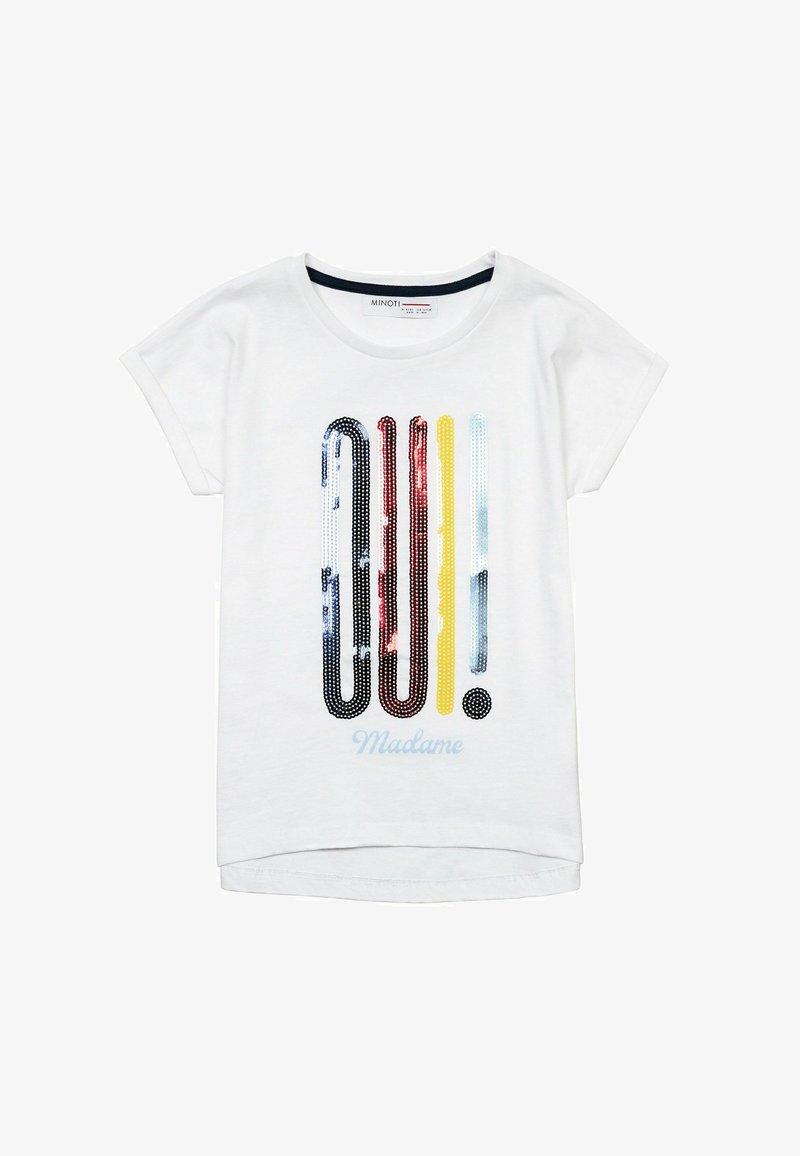 Weißes T-Shirt mit kurzen Ärmeln und einem pailettierten "COU!"-Design in Blau, Rot, Gelb und Hellblau, sowie "Madame" darunter in Hellblau geschrieben.