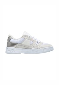 White and light gray sneaker with mesh and suede sections, textured outsole, and flat laces; features a metallic accent on the heel.