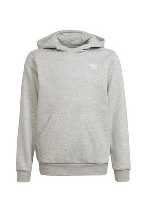 Jasnoszara bluza z kapturem i długimi rękawami, z przednią kieszenią i małym białym logo Adidas na piersi.