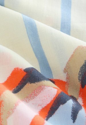 Light fabric with a pattern of orange, pink, and dark blue brush strokes, featuring diagonal light blue and off-white stripes.