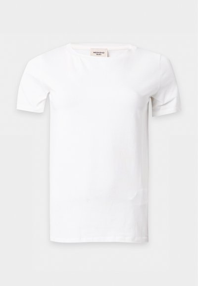 T-shirt blanc uni à manches courtes avec un col rond, présenté sur un fond gris clair.